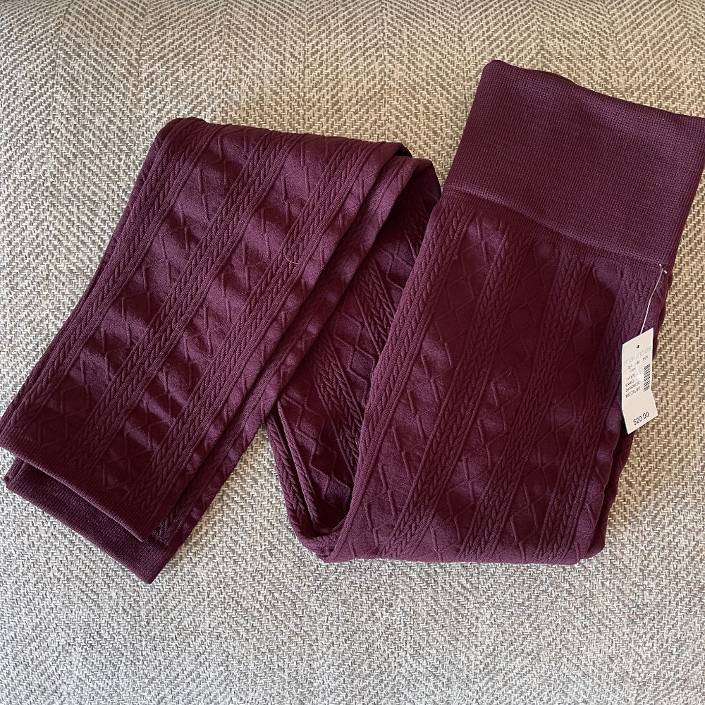 NEW Maurices Burgundy Cable Fleece Lined Footless Tights Textured Wide Waistband